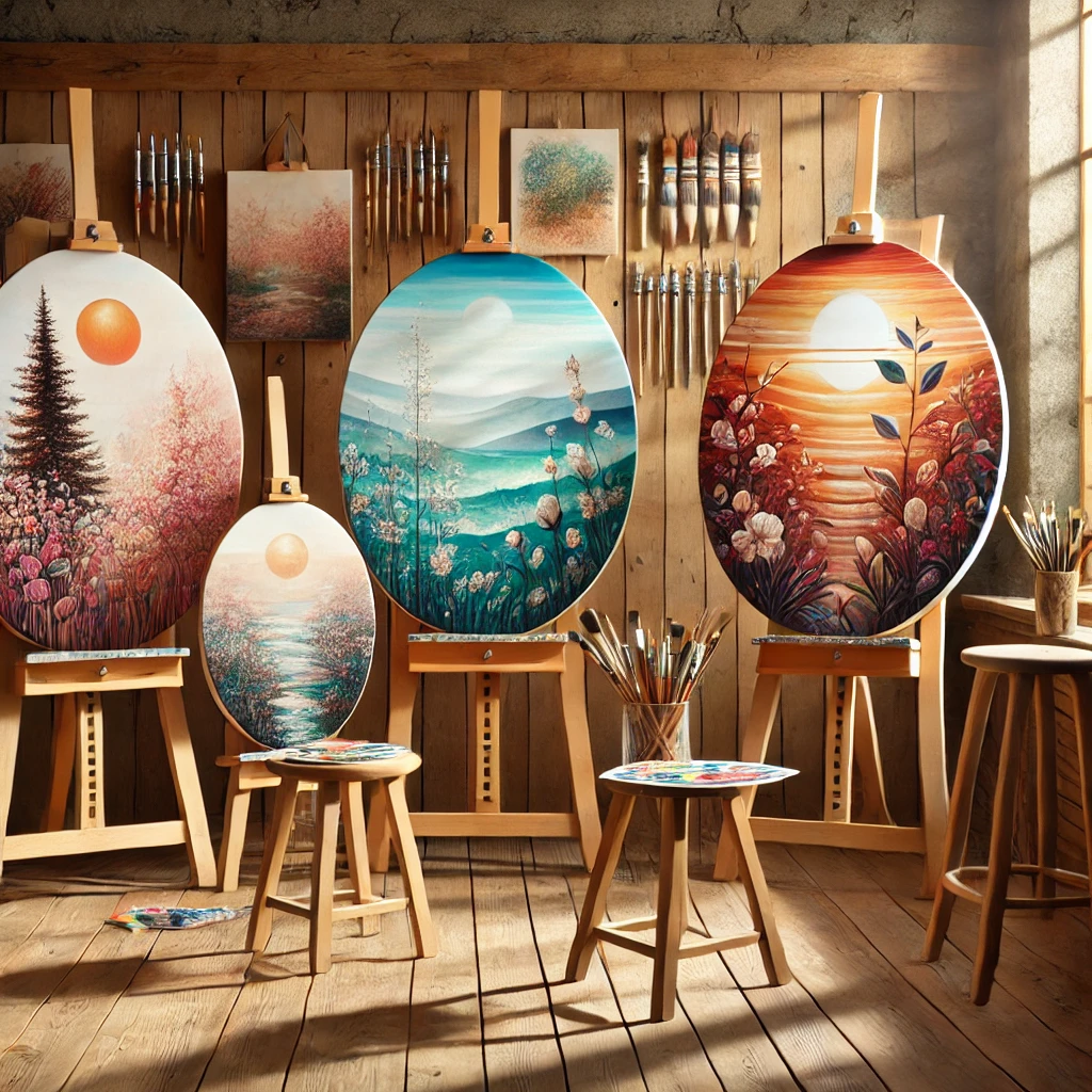Ovale Leinwände mit Motiven auf Staffeleien im Atelier